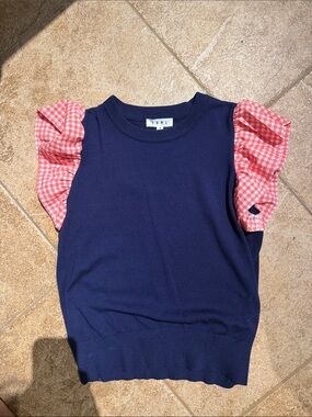 Navy Knit Tank with Pink Gingham Ruffle Sleeves